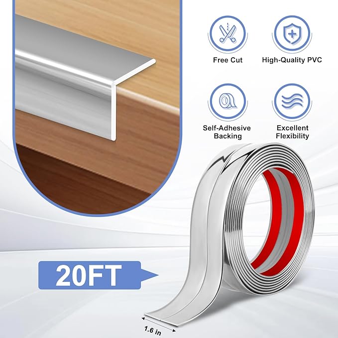 Wall Corner Protector Moulding Trim Peel and Stick Wall Corner Guards Trim Flexible Self Adhesive Edge Protector Moulding, 1.6 in x 20 Ft, Silver