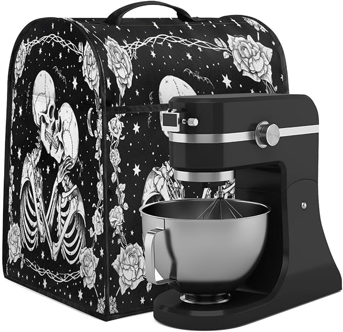 Kitchen Aid Mixer Cover Halloween Flower White Skull Stand Mixer Cover Compatible with 6-8 Quarts Stand Mixers, Dust Covers with Zipper Pocket Foldable Washable Kitchen Aid Organizer Bag