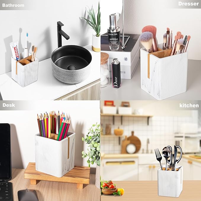 Toothbrush Holders for Bathroom, 3 Slots Toothbrush Organizer, Marble White | - Image 8