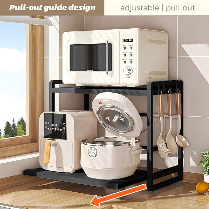 2-Tier Microwave Rack - Height Adjustable & Extendable Kitchen Shelf with Drawer - Carbon Steel - Includes Hooks & Reinforcement Suction Cups - Easy Assembly (Black)