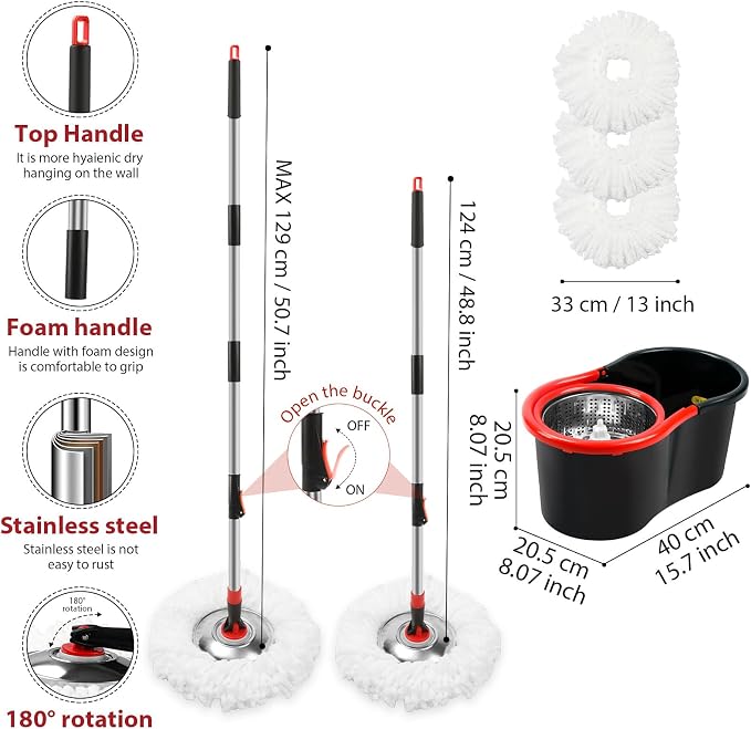 Spin Mop and Bucket with Wringer Set, 3 Microfiber Mop Heads - Image 2