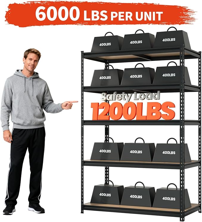 DYNALOAD 6000 Lbs Heavy Duty Garage Shelving, 5-Tier Adjustable Metal Storage Shelves, Boltless Steel Utility Rack for Garage Basement Warehouse, 48" W x 24" D x 72" H