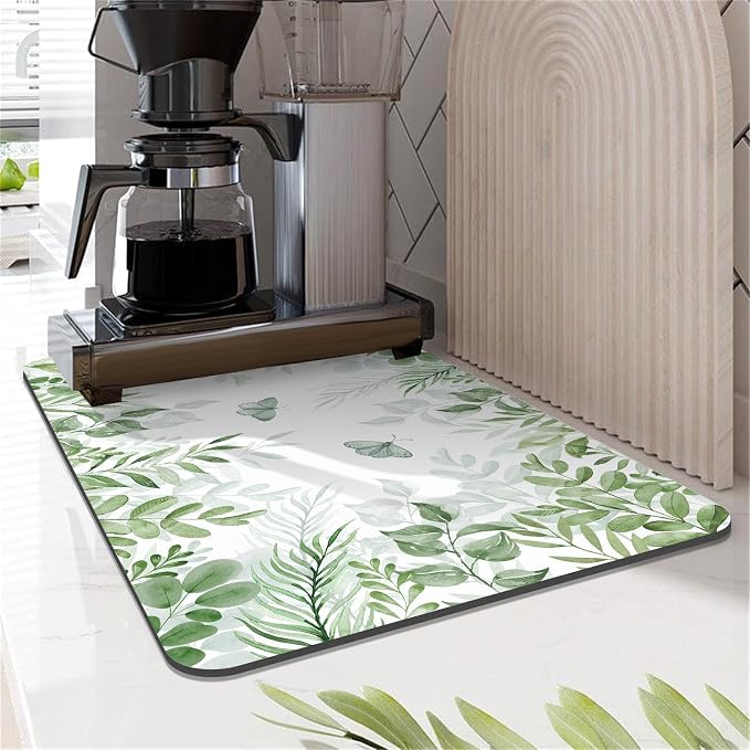 LOKHOM 12"x20" Dish Drying Mat， Green Plant Coffee Mat | Floral Butterfly Prints - Image 7