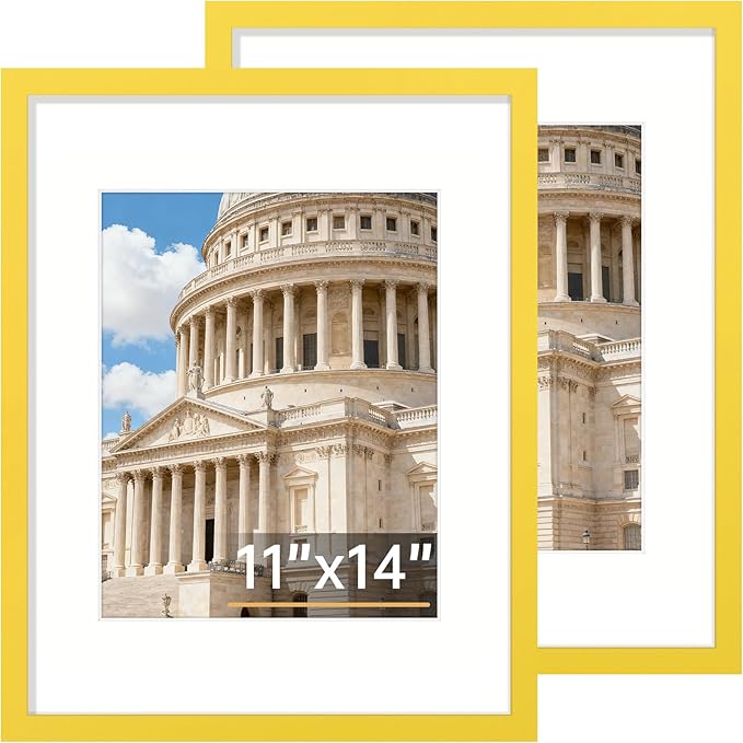 Vittanly 11x14 Picture Frame Set of 2, Solid Wood Frame for Wall Art Photo and Prints, Display Photo 8x10 with Mat or 11x14 without Mat, Yellow