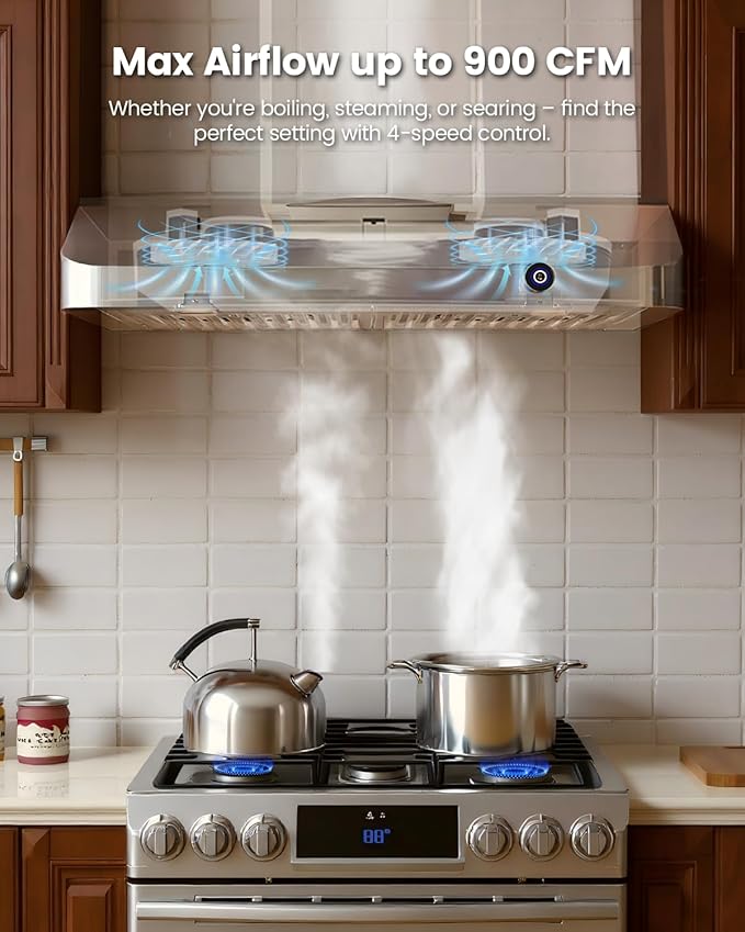 JOCO 42 Inch Under Cabinet Range Hood, 900 CFM Stainless Steel Kitchen Vent Hood, 4-Speed Knob Control C01-42K