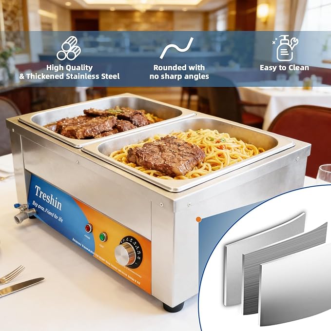 Treshin 2 Pan Commercial Food Warmer 21 Qt Capacity 1200W Stainless Steel Electrical Bain Marie Buffet Food Warmer Steam Table with Temperature Control & Lid for Home, Party, Catering, Restaurants