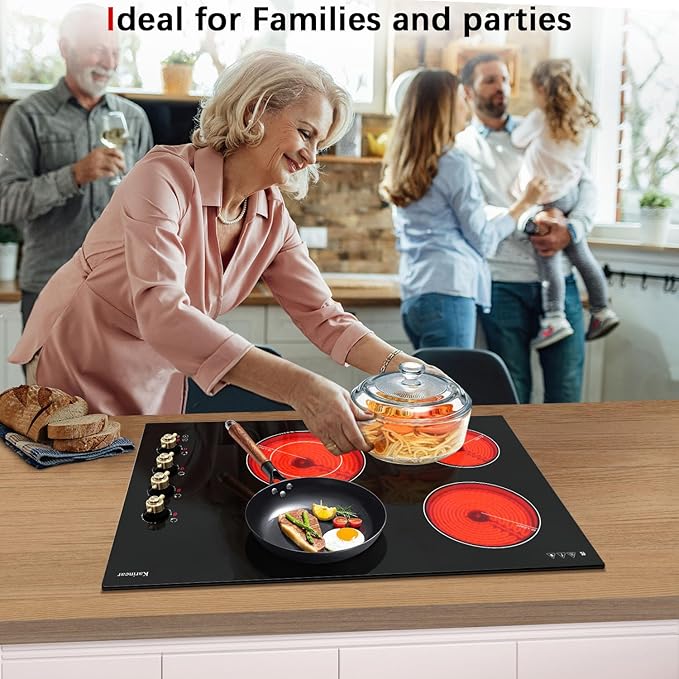 Karinear Electric Cooktop 30 Inch, 4 Burners Electric Stove Top, Built-in Radiant Cooktop with Expandable Burner, Knob Control, Safety Lock, Timer, 6700W 220~240V Hard Wired(No Plug)