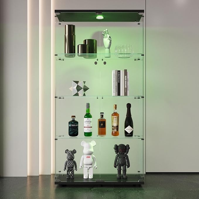 64.5" H 4-Shelf LED Lights Glass Display Cabinet with Double Door,Modern Curio Cabinet Collection Display Case,Floor Standing Bookshelf Glass Case with Lock for Living Room,Home Office (Black)