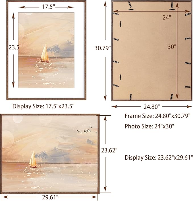 Fun Memories 24x30 Oak Wood Picture Frame, 24"x30" Poster Frame for Wall, 24 by 30 Frame with Tempered Real Glass, 24x30 Matted Frame for 18x24 Picture, 24x30 Inch Photo Frames (Walnut Color, 1 Pack)