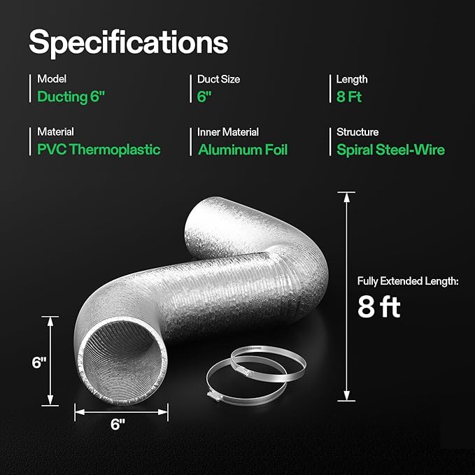 VIVOSUN 6 Inch Flex Air Aluminum Ducting for HVAC Ventilation with 2 Stainless Steel Clamps, 8 Feet Long Multi-Layer Dryer Hose Vent Kit for Duct Fan Systems