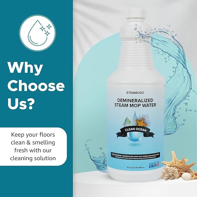 Steam & Go Demineralized Water - Multisurface Cleaner, PVC-Free Ready-to-Use for Mops & Floor Steamers - Ideal for Kitchen, Bathroom, & Home Surfaces - Clean Ocean Scent - 32oz (Pack of 6)