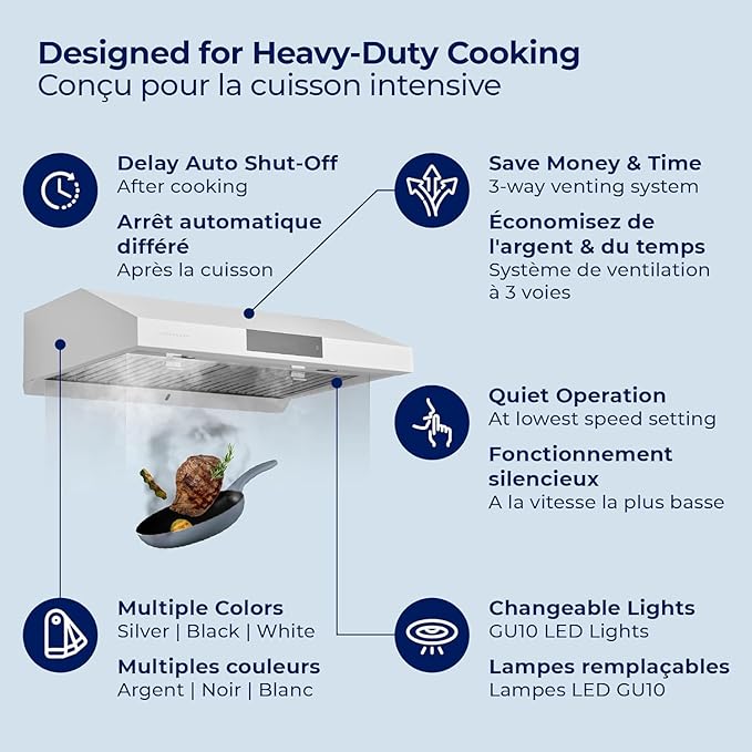 Hauslane Range Hood 30 Inch - Under Cabinet Range Hood 30" Matte White Kitchen Hood, Vent Hood 30 Inches, Stove Vent Hood for Kitchen, Vent Hoods 30 Inch with LED - Chef Series PS18