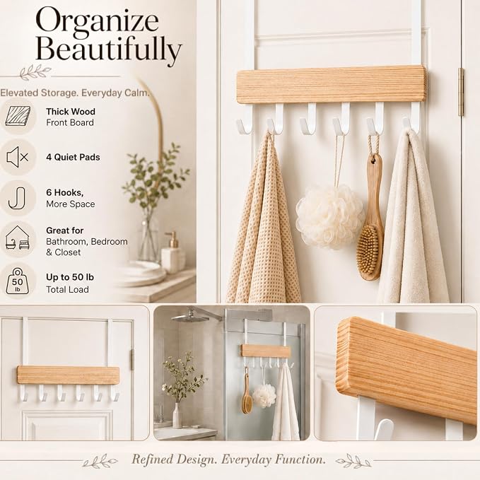 Peasulin Wood & Metal Over the Door Hooks, 11IN Over the Door Hook Rack | 6 - Image 4