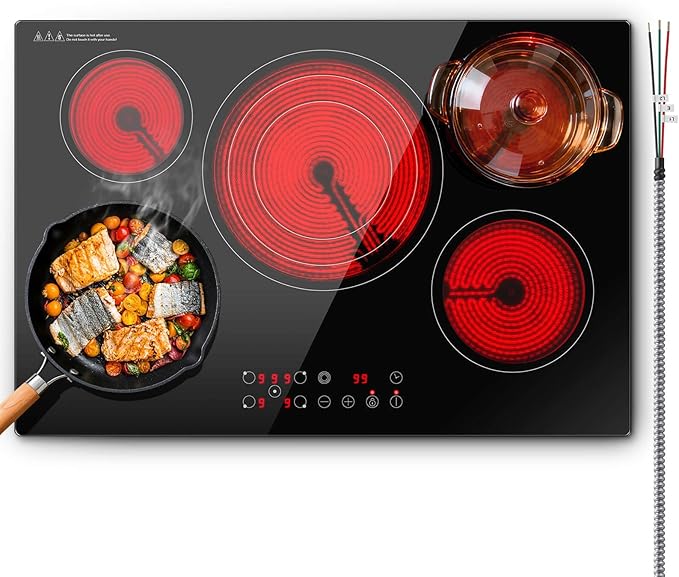 SNDOAS Electric Cooktop 30 inch,9000W 5-Burner Built-in Electric Stove Top with Ceramic Glass & 9 Power Levels,240V Hardwired,Child Lock & Overheat Protection,30" for Standard Countertop Cutout