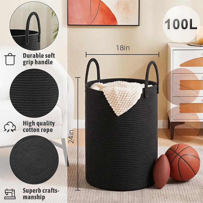 Artfeel Laundry Basket, Woven Cotton Rope Laundry Hamper, 100L - Image 6