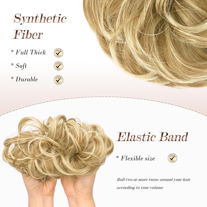 FESHFEN Large Messy Bun Hair Piece - Wavy Synthetic Chignon Scrunchies Elastic Ponytail Hair Extensions Thick Hairpieces for Women, Sunny Blonde 1.94oz