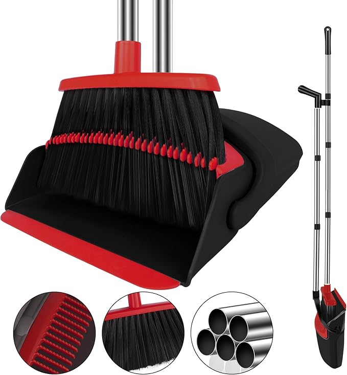 Red Broom and Dustpan Combo Set, Foldable Upright Storage Design by UDUK