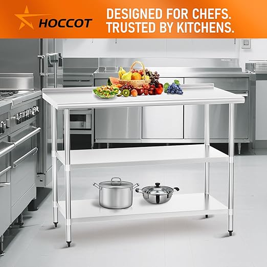HOCCOT Stainless Steel Table 24" x 48" with 2 Adjustable Undershelves and Backsplash, Commercial Metal Workstations for Kitchen, Garage, Outdoor BBQ