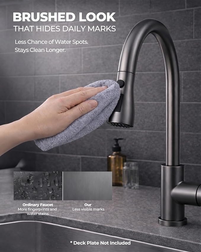 WEWE Pull-Down Kitchen Faucet, 3-Mode Sprayer, Matte Gray, Stainless Steel | - Image 2
