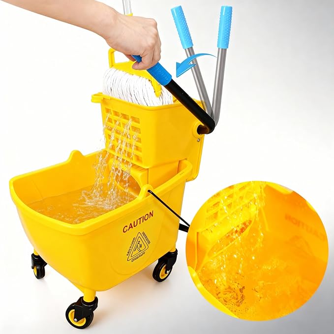33 Quart Commercial Mop Bucket, with Side-Press Wringer on Wheels. Includes an Industrial Mop. Yellow Industrial Mop Bucket, Suitable for Home, Commercial, Restaurant Cleaning