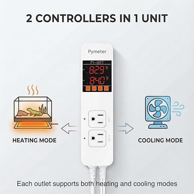 Digital Temperature Controller Dual Probe Reptile Thermostat Controlled Outlet for Terrarium Heat Mat Heating Pad, Switch Cooling Fan Freezer Fridge ON & Off at Setpoints 10A 1200W