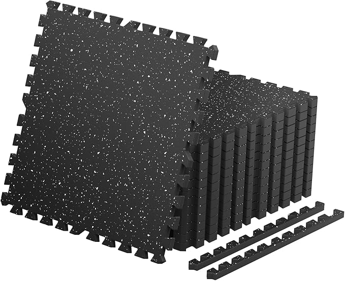 0.4'' Thick 12 Pcs 48 Sq Ft Non-Slip Rubber Top Exercise Equipment Mats, High Density EVA Foam Mats with Rubber Top, Interlocking Puzzle Gym Flooring for Home Gym, Workout Floor Mats, Black