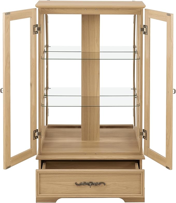 47" H Lighted Curio Cabinet Display Case, Glass Cabinets with Adjustable Shelves,Tempered Glass Door and Drawer, Wooden Curio Cabinet with Mirrored Back Pane for Living Room (Light Oak)