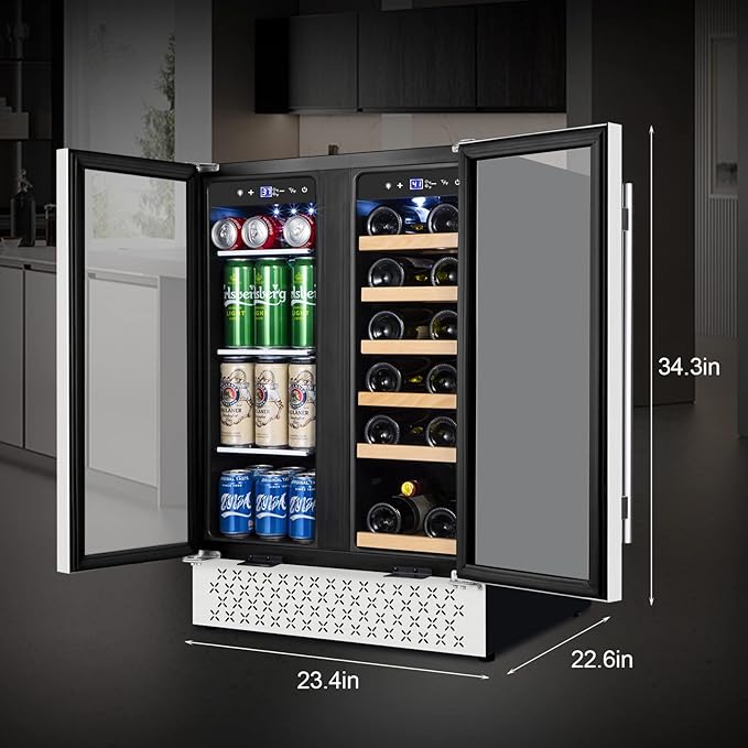 Tylza Wine and Beverage Refrigerator, 24 Inch Dual Zone Wine Fridge, Holds 18 Bottles and 88 Cans, French Doors, Lock, Under-counter or Freestanding Wine Cooler, Beverage Fridge with Tempered Glass