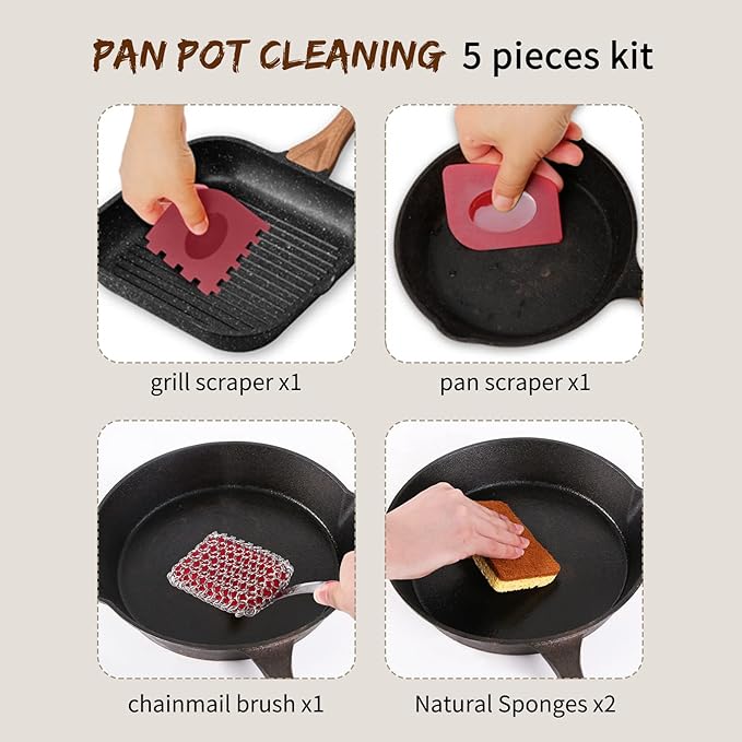 5 Pcs Cast Iron Cleaning Kit Pan Pot Wok Scraper Tool Skillet Sponge Metal Sponge Stainless Steel Brush Scrubber Scouring Pad, Steel Dish Scrub Chainmail Pan Scrubber Cast Iron Cleaner