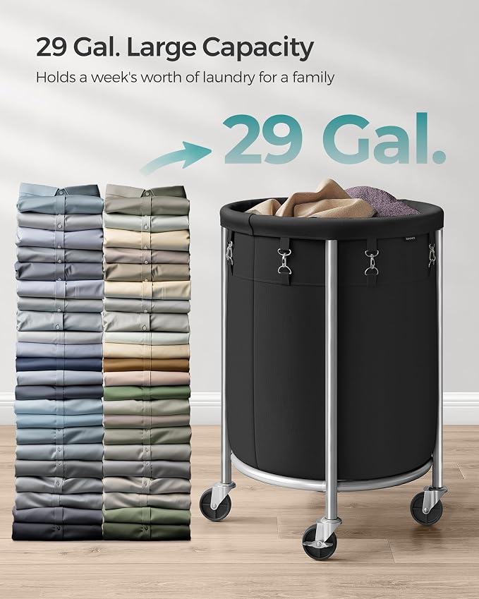SONGMICS Laundry Basket with Wheels, Steel Frame, Removable Bag - Image 3