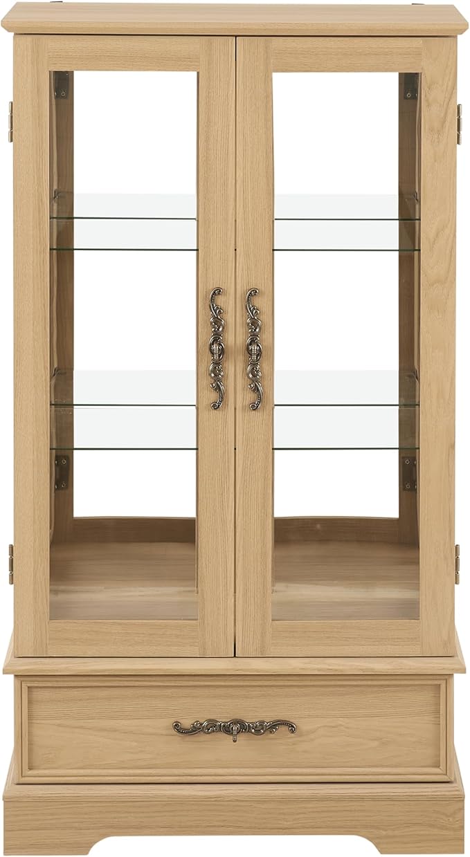 47" H Lighted Curio Cabinet Display Case, Glass Cabinets with Adjustable Shelves,Tempered Glass Door and Drawer, Wooden Curio Cabinet with Mirrored Back Pane for Living Room (Light Oak)