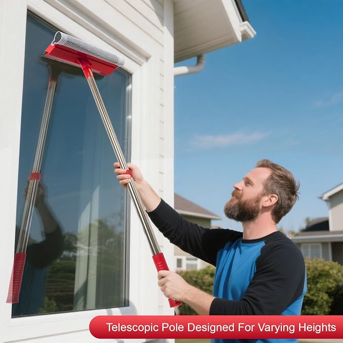 Window Squeegee with 15.7"-27.5" Retractable Stainless Steel Handle, 2-in-1 - Image 7