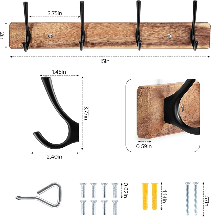 Coat Rack Wall Mount, Acacia Wood Coat Hooks Wall Mount, Hat Rack Wall Coat - Image 2