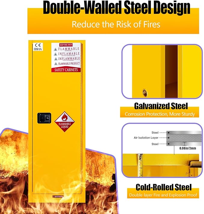 Flammable Storage Cabinet 50 Gallon Yellow, Galvanized Steel Heavy-Duty Hazardous Storage Cabinet, Dual Vents & 3-Point Lock for Warehouses, Industrial Use & Residential Garages