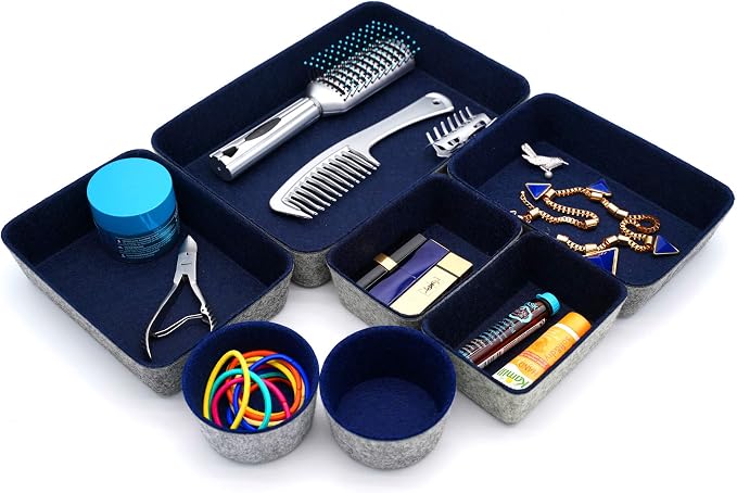 Welaxy 7 Piece Felt Desk Drawer Organizer Storage Bin Navy Catchall Tray | - Image 6