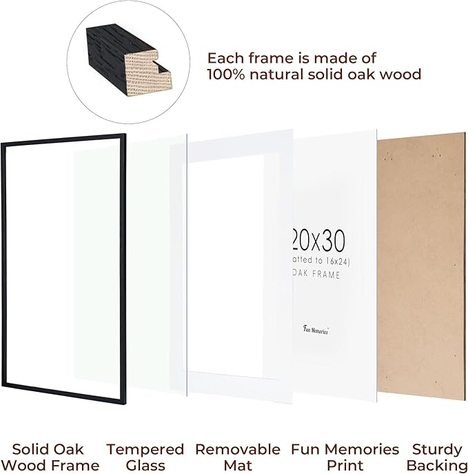 Fun Memories 20x30 Black Picture Frames 2 Pack, Solid Oak Wood Large 20"x30" Poster Frames for Home Decor, Rustic Wooden Frame with Tempered Glass, 20 x 30 Frame Matted to 16 x 24