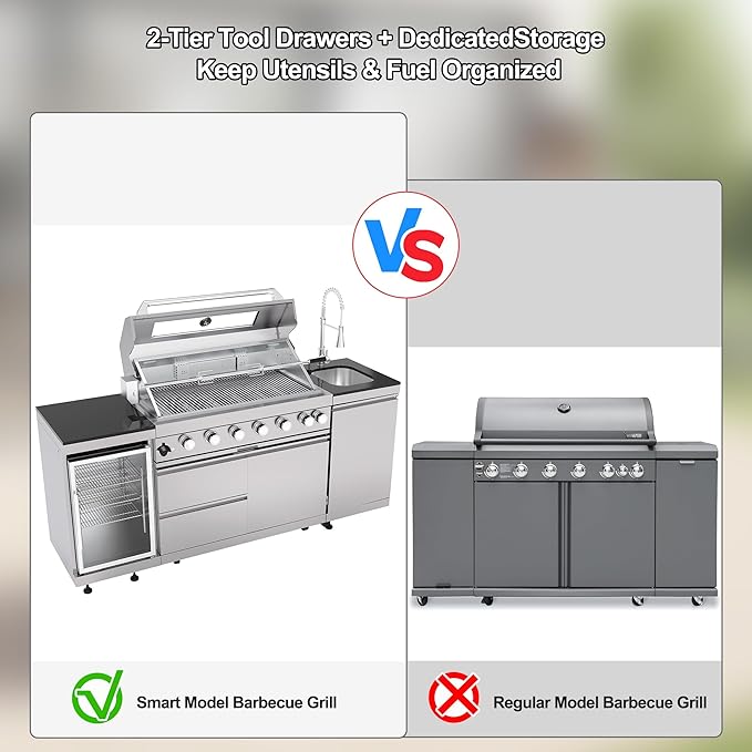 Outdoor Kitchen Island, 82 Inch 85000 BTU Gas Grill Combination With Refrigerator and Sink, Outdoor Stainless Steel Barbecue Bar,Natural Gas Barbecue Grill for Patios, Gardens, Parties