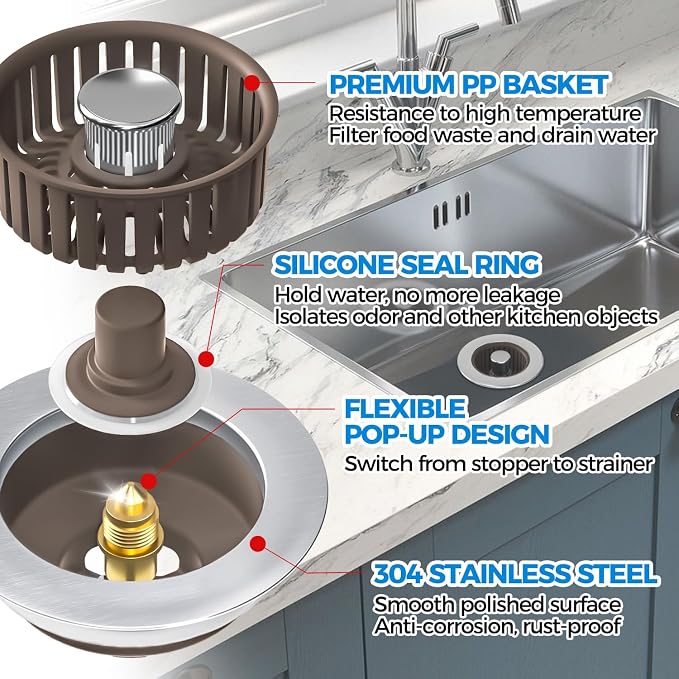 zaa 3 in 1 Kitchen Sink Drain Strainer Stopper Removable Basket Pop-Up - Image 5