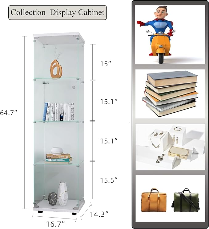 Frameless Glass Display Cabinet, Curio Cabinet Display Case with LED Lights and Lock, Quick-Install Floor Standing Showcase Display Shelf for Collectibles, Legos, Figures, Plants, White