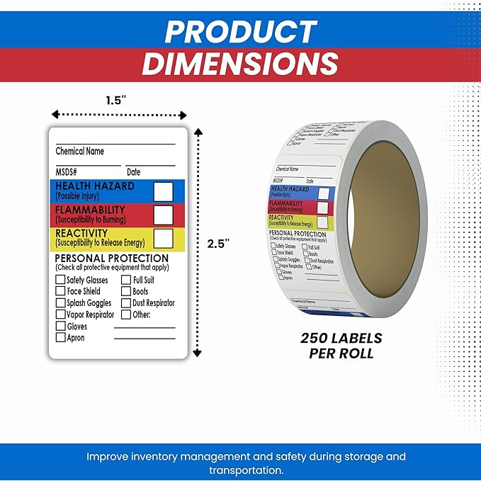 Performore SDS Stickers, 1.5x2.5 Inch Roll of 250, Right to Know Stickers - Chemical Identifying and Marking, Highly Visible and Durable Self Adhesive