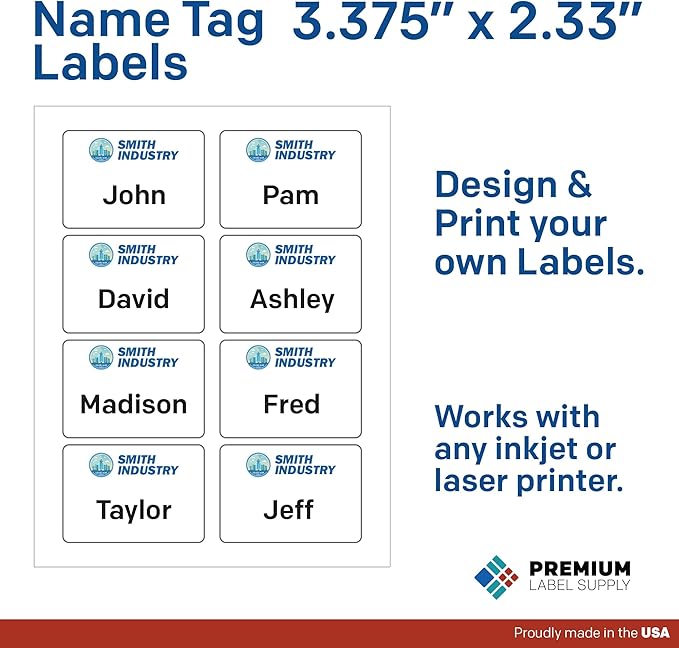 Premium Label Supply Blank Printable Name Tag Stickers - 2-1/3" x 3-3/8" - Laser/Inkjet Compatible – (8 per Sheet) 500 Sheets – 4000 Total Adhesive Name Tag