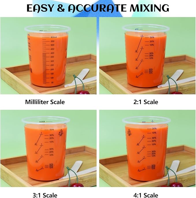 Artcome Mixing Cup Kit - 50 PC 20oz (600ml) Plastic Measuring Cups, 50 PC Wooden Mixing Sticks, 100 PC 40ml Disposable Small Cups, 10 PC Stirring Rods - Ideal for Epoxy Resin, Paint & Liquid Mixing