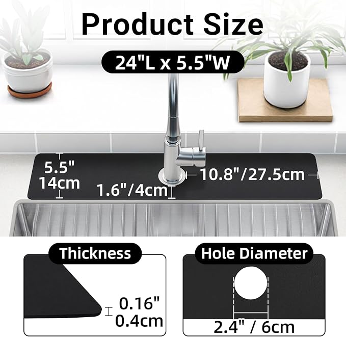 LOPNUR Cuttable Faucet Mat for Kitchen Sink, Long 24x5.5 Inch, 0.8-2.4 Inch - Image 2