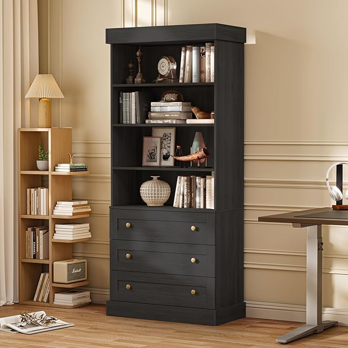 Vyre 71" Tall Farmhouse Kitchen Pantry, Set of 3 Large Storage Cabinets with 3 Drawers, Adjustable Shelves, Wood Versatile Hutch Cabinet for Living Room, Dining Room, Black