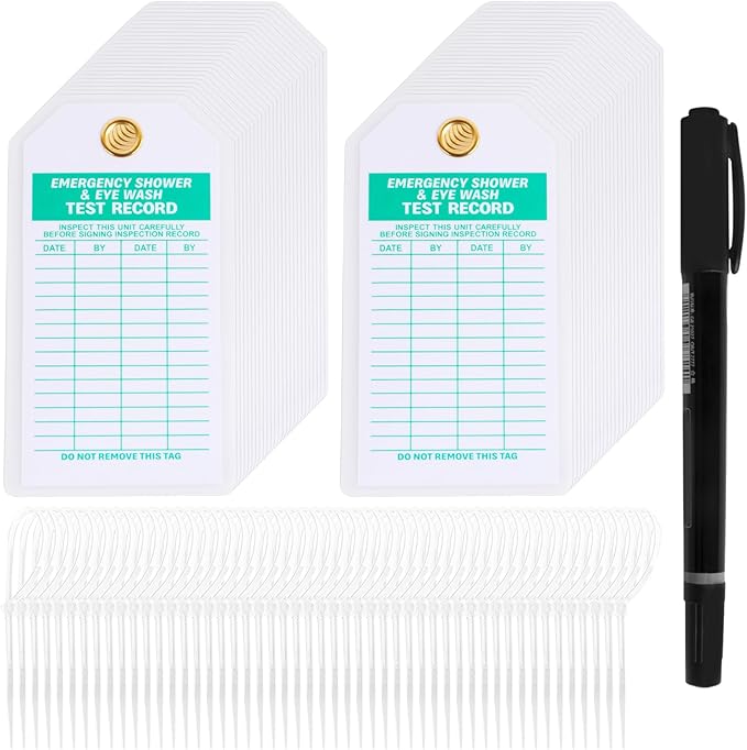 Lionshop Heavy Duty Emergency Shower and Eyewash Test Record, Double-Sided Inspection Record Tag, 5.75" Height x 3" Width, 0.375" in Brass Eyelet Size, Green Ink on White (Pack of 50)