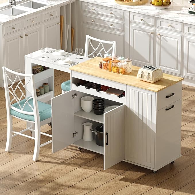 Modern Rolling Kitchen Islands with Extendable Dining Table, Hidden Trash Can Storage, Mobile Island Cart on Wheels with Storage for 2,Rubberwood Top,Storage Cabinet, Drawers & Wine rack,White