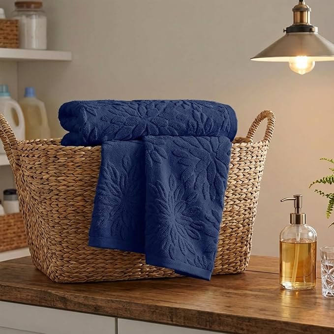 Artoid Mode 2 Pcs Navy Blue 3D Dahlia Floral Jacquard Hand Towels - Image 5