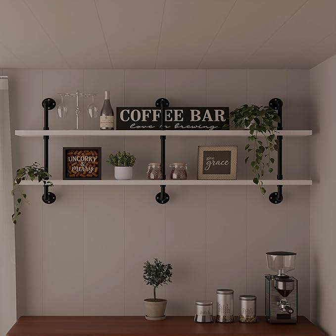 Industrial Pipe Shelving Rustic White Pipe Wall Shelves Industrial Shelves with Wood Planks Floating Shelves 60 Inch Farmhouse Bathroom,Kitchen Shelving Wall Mounted
