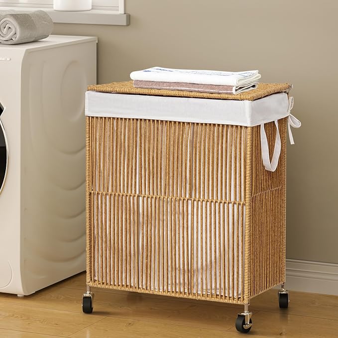 WOWLIVE Rolling Laundry Basket Wheels, Handwoven Laundry Hamper - Image 3
