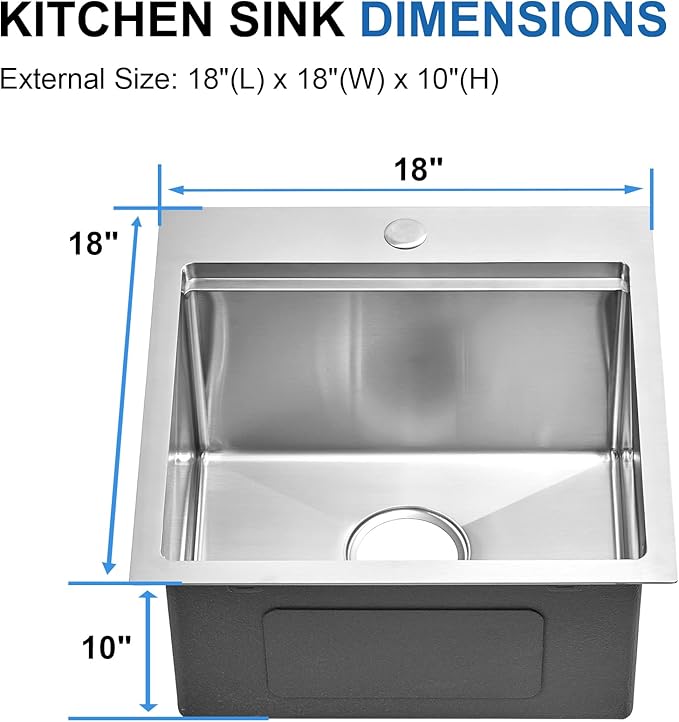 Scamall 18x18x10 Drop In Kitchen Sink Workstation, Brushed Silver 304 Stainless Steel Deep Single Bowl with Quick Drainage & Tarnish-Free Surface for Bar, Laundry, RV, Includes Accessories